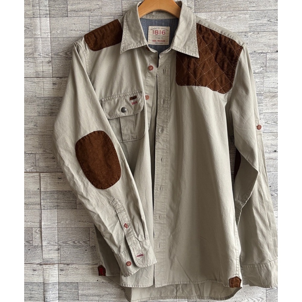 Vintage Remington Arms Co Hunting‎ Shirt 1816 Cotton Elbow Patches Khaki Brown